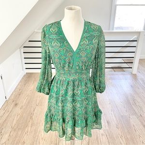 NWT XS  Max Studio London green and gold floral, print long sleeve dress